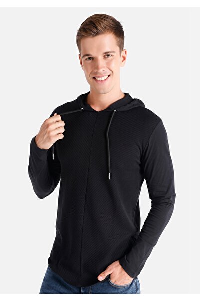 Colin's تي شيرت رجالي أسود بأكمام طويلة ذو قصة عادية قطن lu بغطاء رأس