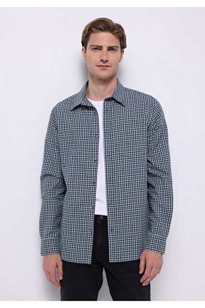 Colin's قميص رجالي ذو قصة عادية قطن lu برقبة قميصية بنقش مربعات باللون الأزرق...