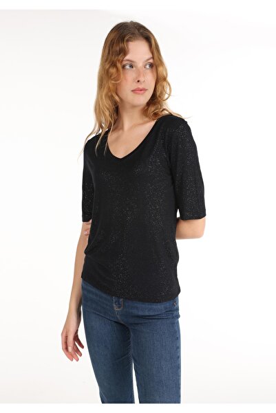 Colin's Tricou negru cu mânecă scurtă pentru femei, slim fit, cu decolteu în V