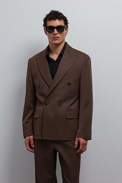 Antioch Kahve Relax Fit Kruvaze Erkek Blazer Ceket