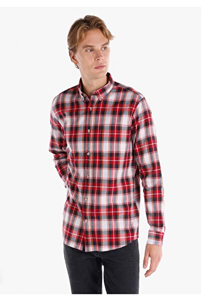 Colin's قميص ذو قصة عادية برقبة عادية بجيوب قماش منقش قميص رجالي أحمر بأكمام ...