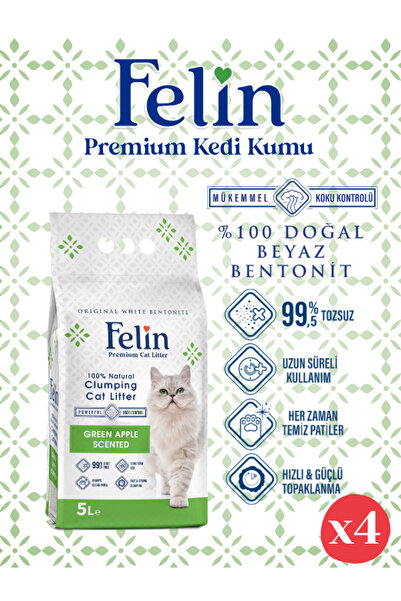FELİN Yeşil Elma Kokulu Topaklanan Ince Taneli Kedi Kumu 5lx4