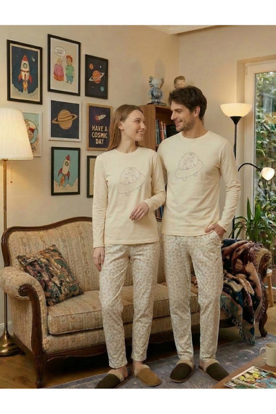 YHGTEKSTİL Romantic and Comfortable Couple Pajama Combinations Couple Pajama Set White Space Themed