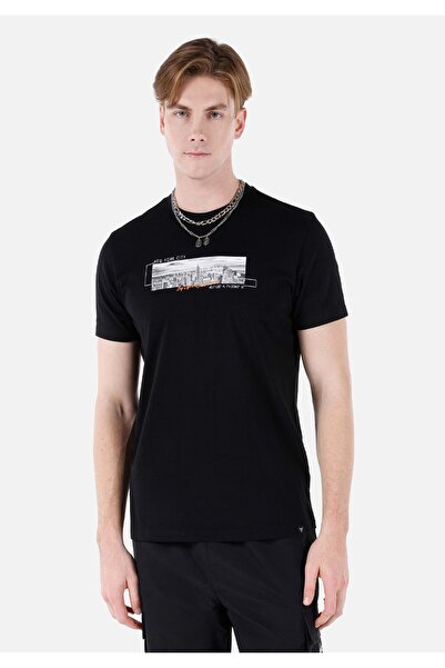 Colin's Tricou cu mânecă scurtă pentru bărbați, negru, cu decolteu roșu, cu c...