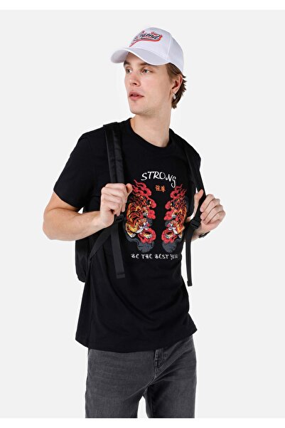 Colin's Tricou cu mânecă scurtă pentru bărbați, negru, cu decolteu roșu, cu c...