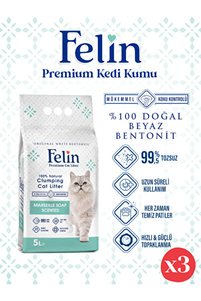 FELİN Marsilya Sabunu Kokulu Topaklanan Ince Taneli Kedi Kumu 5lx3
