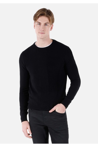 Colin's Regular Fit Pamuk Karışımlı Yuvarlak Yaka Jakarlı Erkek Siyah Kazak