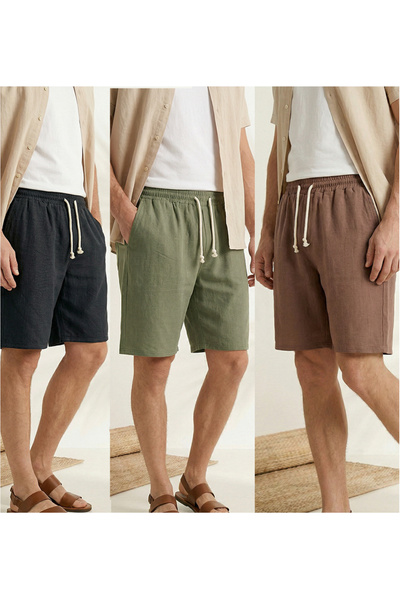 Sizce Moda Men's 3-Pack Black-Khaki-Brown 100% Cotton Linen Muslin Shorts Com...