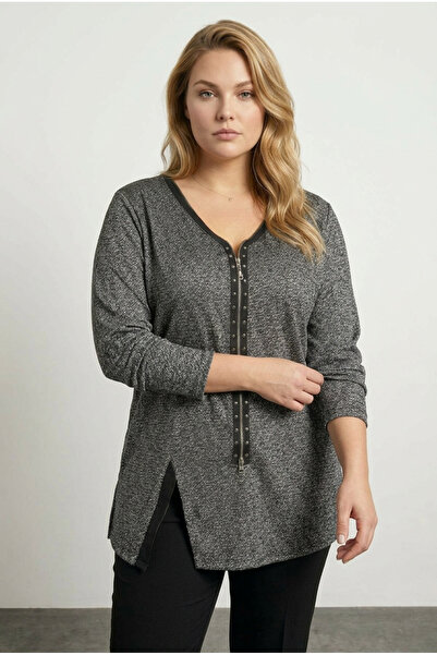 Stil Diva Bluză cu decolteu în V, cu fermoar în față, cu detaliu cu fante 173670