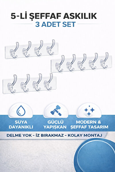 ARVALE 3 Adet 5'li 29*7 Silikon Askı Şeffaf Güçlü Kendinden Yapışkanlı Kapı D...