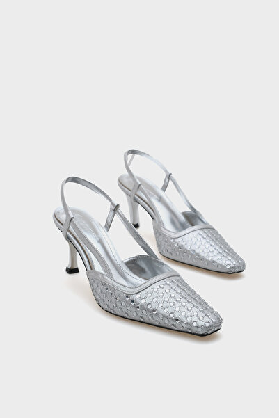 Capone Outfitters Open Back Blunt Toe Stoned Medium Silver Heeled Women's Shoes