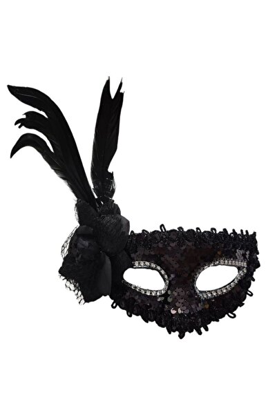partidolu Siyah Renk Pullu Güllü Tüylü Wedding Maskesi Lastikli Balo Mask 1 A...