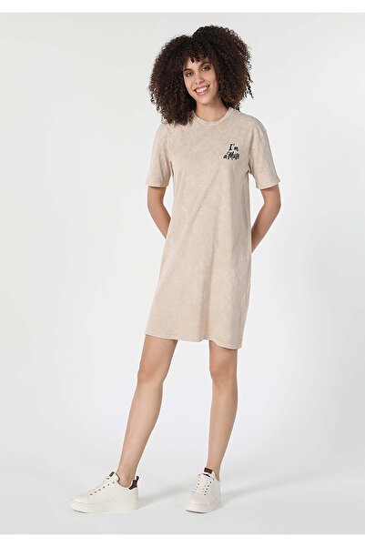 Colin's Regular Fit Baskılı Kadın Bej Kısa Kol Elbise
