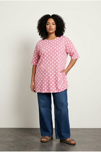 Stil Diva Plus Size Short Sleeve Crew Neck Side Slit Polka Dot Blouse 98-55