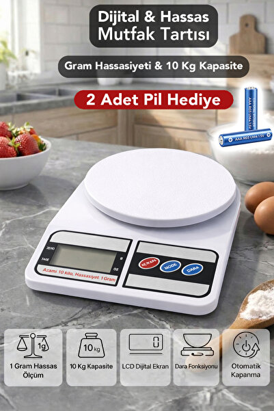 Meleni Home Hassas Mutfak Tartısı - 10Kg Mutfak Terazisi Hassas Ölçüm LCD Dii...