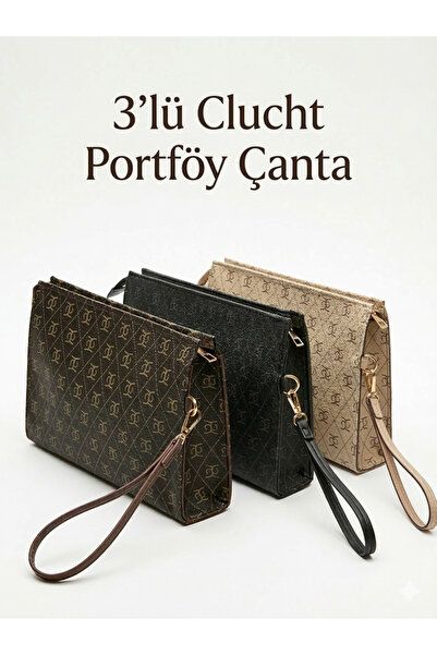 Zeyne Zyn04 3'lü Set Kadın Portföy El Çantası Bilek Askılı Şık Portföy Clutch...