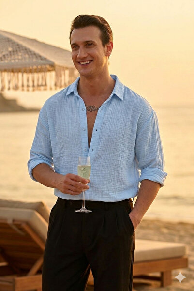 RELAXL 4 Seasons Oversize Muslin Men's Shirt Oversized Baby Blue