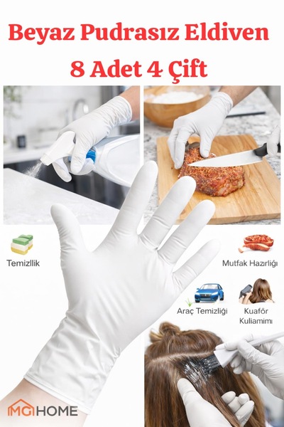 VENON 8 Adet L BEDEN Beyaz Eldiven 🧤 Temizlik Eldiveni Lateks Tek Kullanımlı...