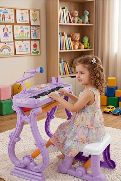 ZEUS Ayaklı Tabureli 37 Tuşlu Mikrofonlu Org Piyano Seti Lila