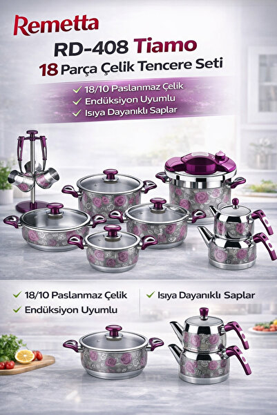 Remetta 18 Parça Çelik Tencere Seti Mor Desenli Düdüklü Tencere Çaydanlık Cez...