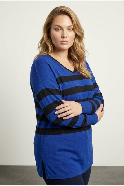 Stil Diva Bluză lungă din țesătură subțire, cu decolteu în V, cu dungi, cu de...