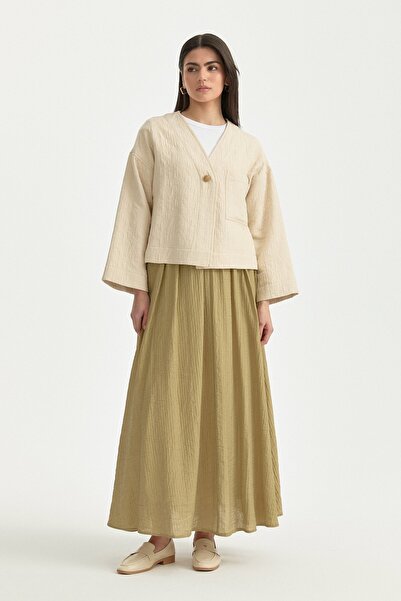 Nihan V Yaka İnce Kapitone Pamuklu Ceket Krem