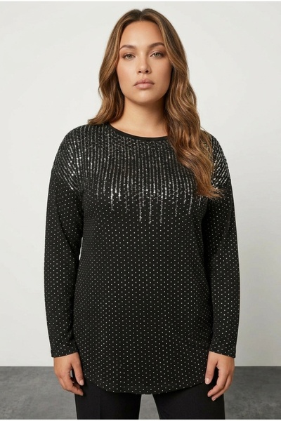 Stil Diva Блуза с дълъг ръкав, бродирана с пайети и кръгло деколте в голям ра...