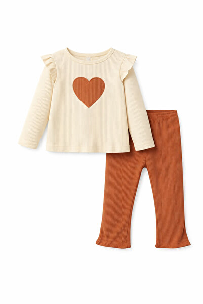 Bubito Kalp Detaylı Fırfırlı Pamuklu Bebek Çocuk Alt Üst Takım-Kahverengi