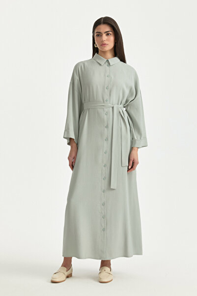 Nihan Önden Düğmeli Kuşaklı Lyocell Elbise Çağla