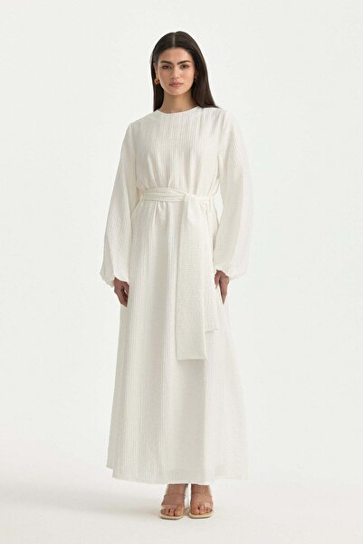 Nihan Balon Kollu Kuşaklı Viskon Elbise Ekru