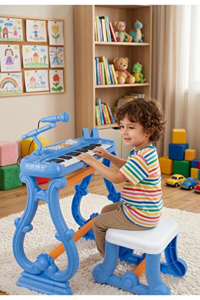 G-TUĞ OUTLET Ayaklı Tabureli 37 Tuşlu Mikrofonlu Org Piyano Seti Mavi