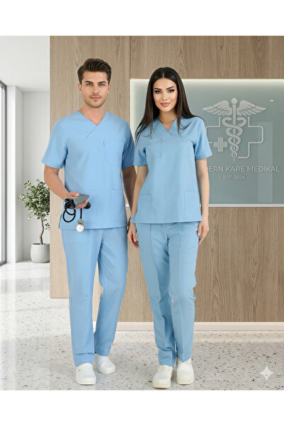 temex Açık Mavi Likrasız-Alpaka Unisex Hemşire ve Doktor Forması Takımı Scrub...