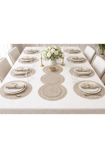 DİLEX Table Cloth Runner Placemat Set American Service Beige