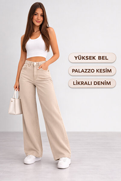 FlexiFit Yüksek Bel Kadın Palazzo Kot Pantolon – Esnek Denim Kumaş, Düz Bol P...