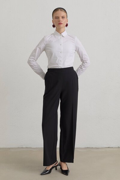 Nihan Elastic Waist Basic Ironed Trousers Black