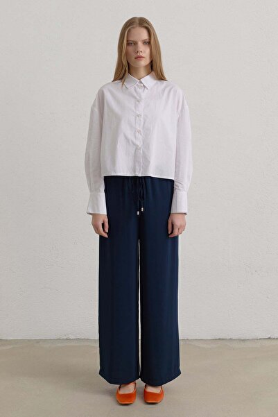 Nihan Beli Lastikli Bol Paça Basic Pantolon Lacivert