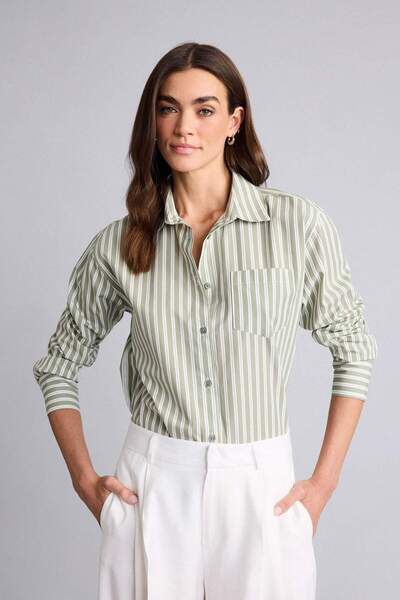 DeFacto Oversize Shirt Collar Striped Poplin Long Sleeve Shirt H1476Ax26Sp