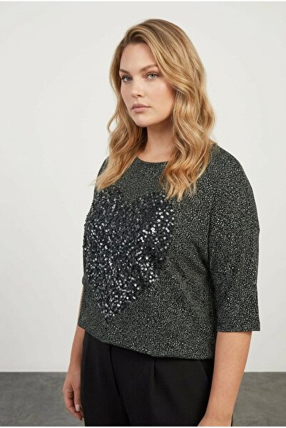 Stil Diva Bluză de mărime mare cu decolteu cu paiete brodate cu fante 303080