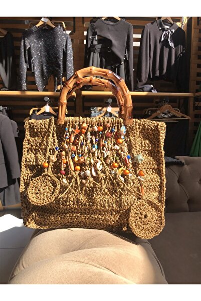Gözde Tasarım Butik حقيبة نسائية مصنوعة يدويًا من القش بتصميم مطرز بالخرز وال...