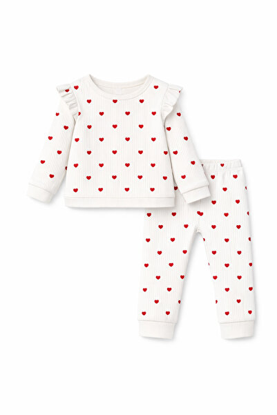 Bubito Kalpli Fırfırlı Kız Bebek Pamuklu 2'li Takım-Beyaz
