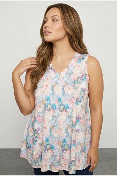 Stil Diva Bluză cu imprimeu floral cu decolteu în V cu mâneci zero de mărime ...