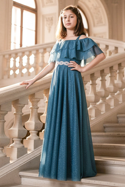 SUBU TASARIM Frill Detailed Glittery Tulle Evening Dress Indigo Mdv314