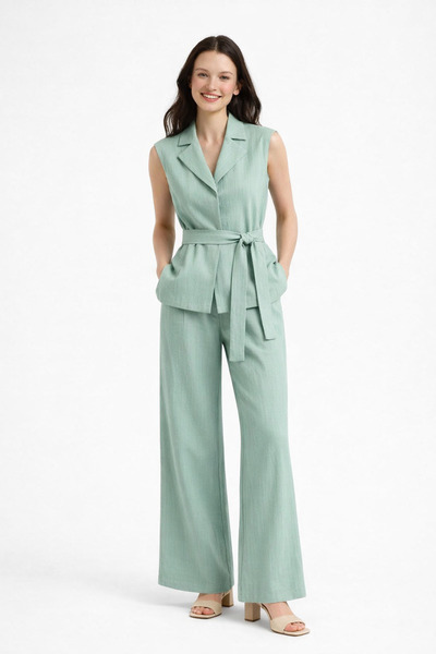 HAKKE Kemerli Yelek Palazzo Örme Keten TAKIM