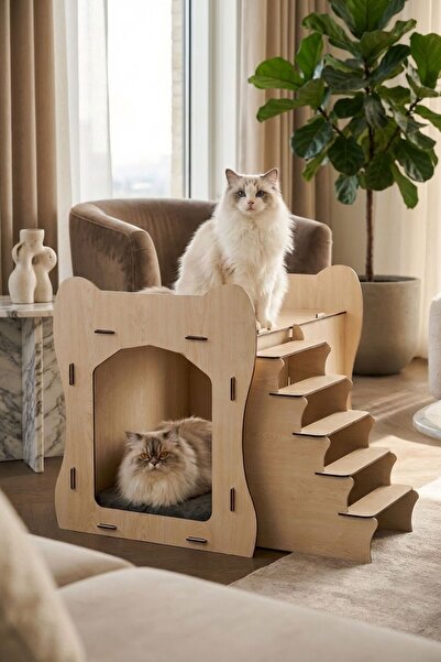 Evene Büyük Kedi Evi Dekoratif Ahşap Dayanıklı Açık Meşe Renk 50x35 Cm Kedi Y...