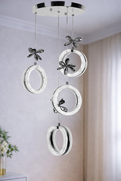 EY-EL TASARIM 4'LÜ ALYANS KROM 3 RENK MODLU KRİSTAL TAŞLI LEDLİ AVİZE