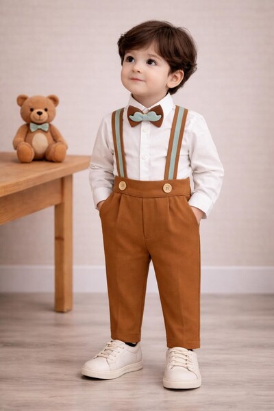 tubibebe Tarçın - Su Yeşili Salopet + Gömlek + Papyon