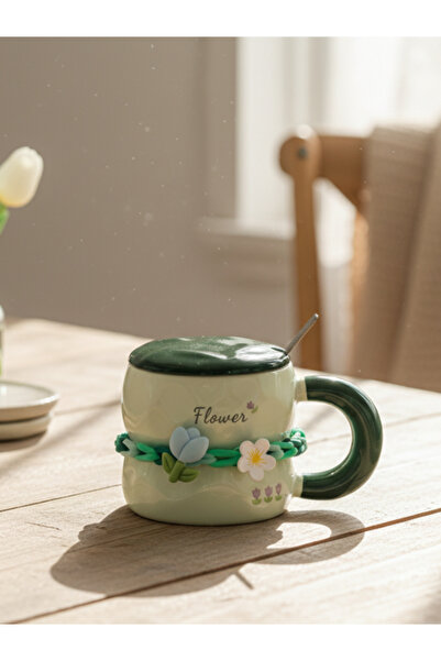 Dörtel Tedarik Sweet Floral Coffee Cup 380 ml Ceramic Mug with Lid and Spoon ...