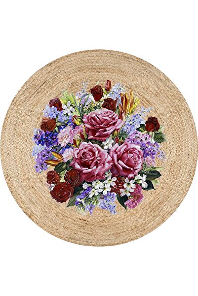kilim home Boho 919 Jüt Doğa Iplik Ile Üretilmiş Çiçek Desenli Yuvarlak Natur...