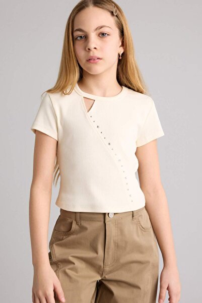 DeFacto Corded Fabric Ribbed Knit T-Shirt for Girls H1589A826Sm