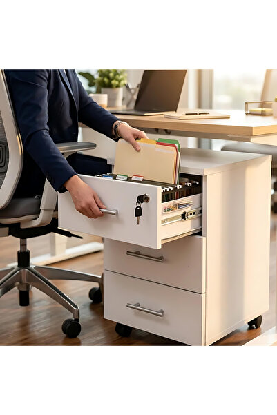 Sempre Keson Tekerlekli Beyaz , Merkez Kilitli, Üç Çekmeceli